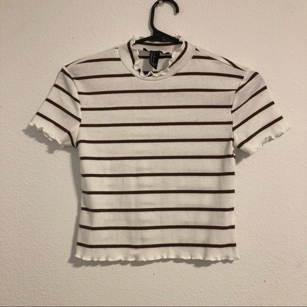 Forever 21 white and brown striped lettuce cut crop top